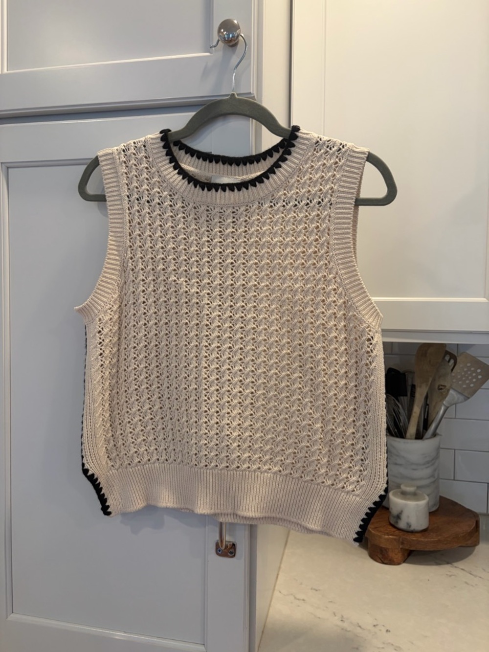 Varley Cream Crochet Knit Vest with Black Trim
